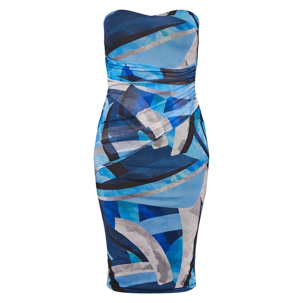 Blue Abstract Print Mesh Bandeau Drape Midi Dress
